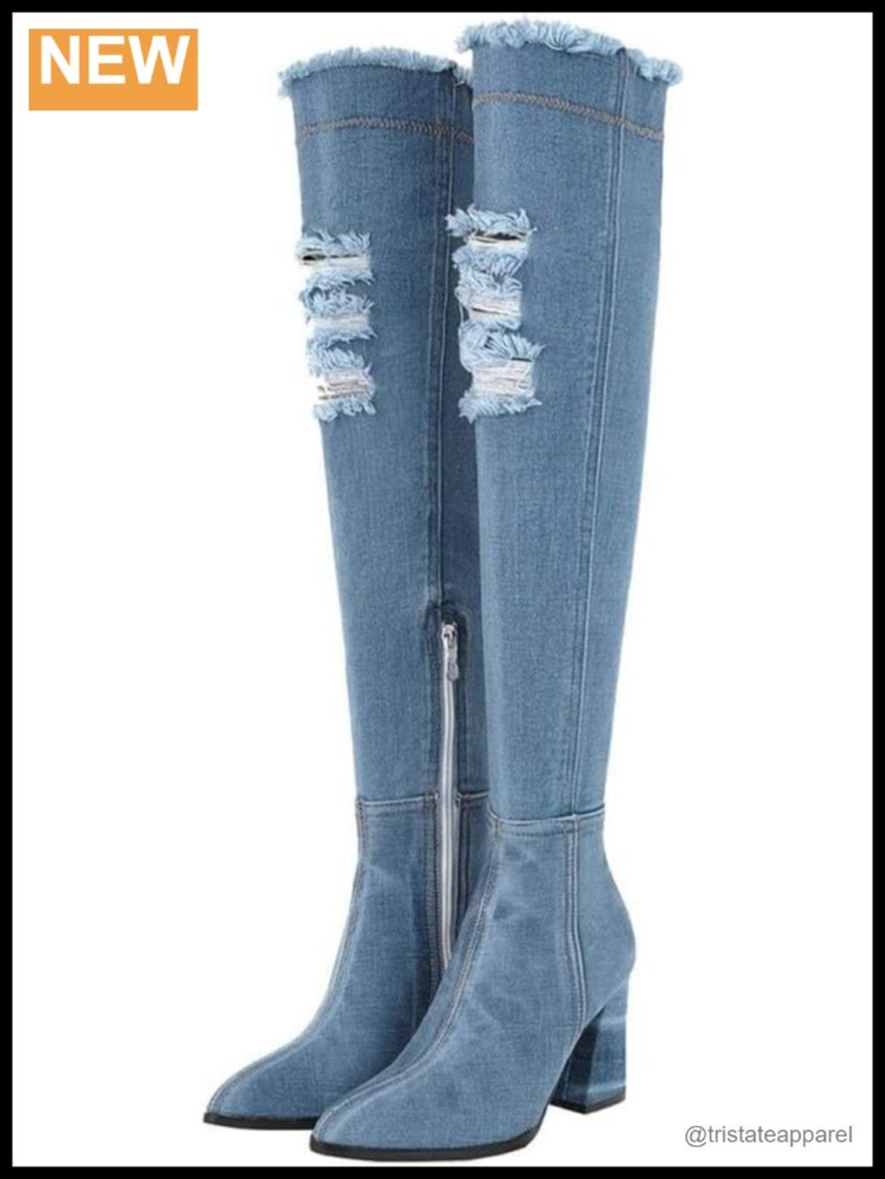 Denim Ankle Boots Women Pointed Toe Chunky Heels Side Zipper